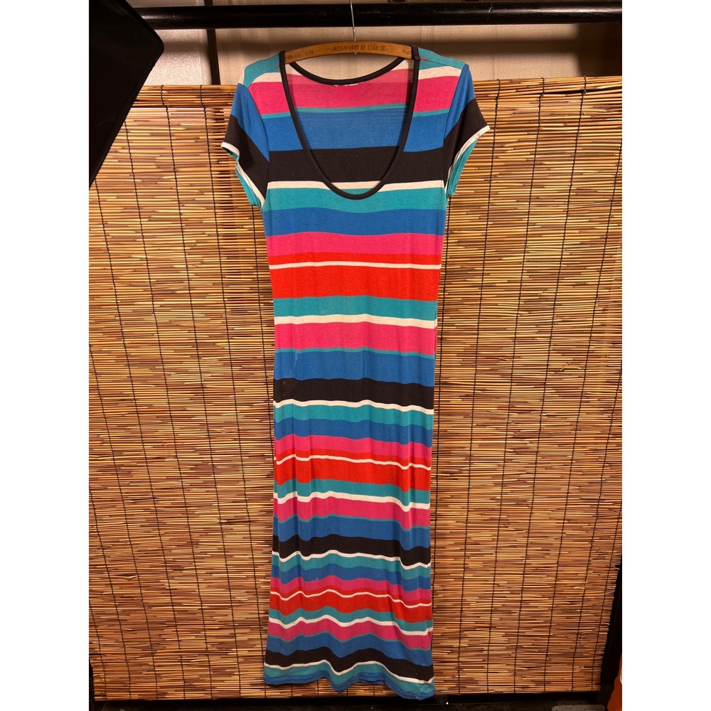 90's Maxi Dress Multicolored Striped Scoop Neck Jersey Knit 90s